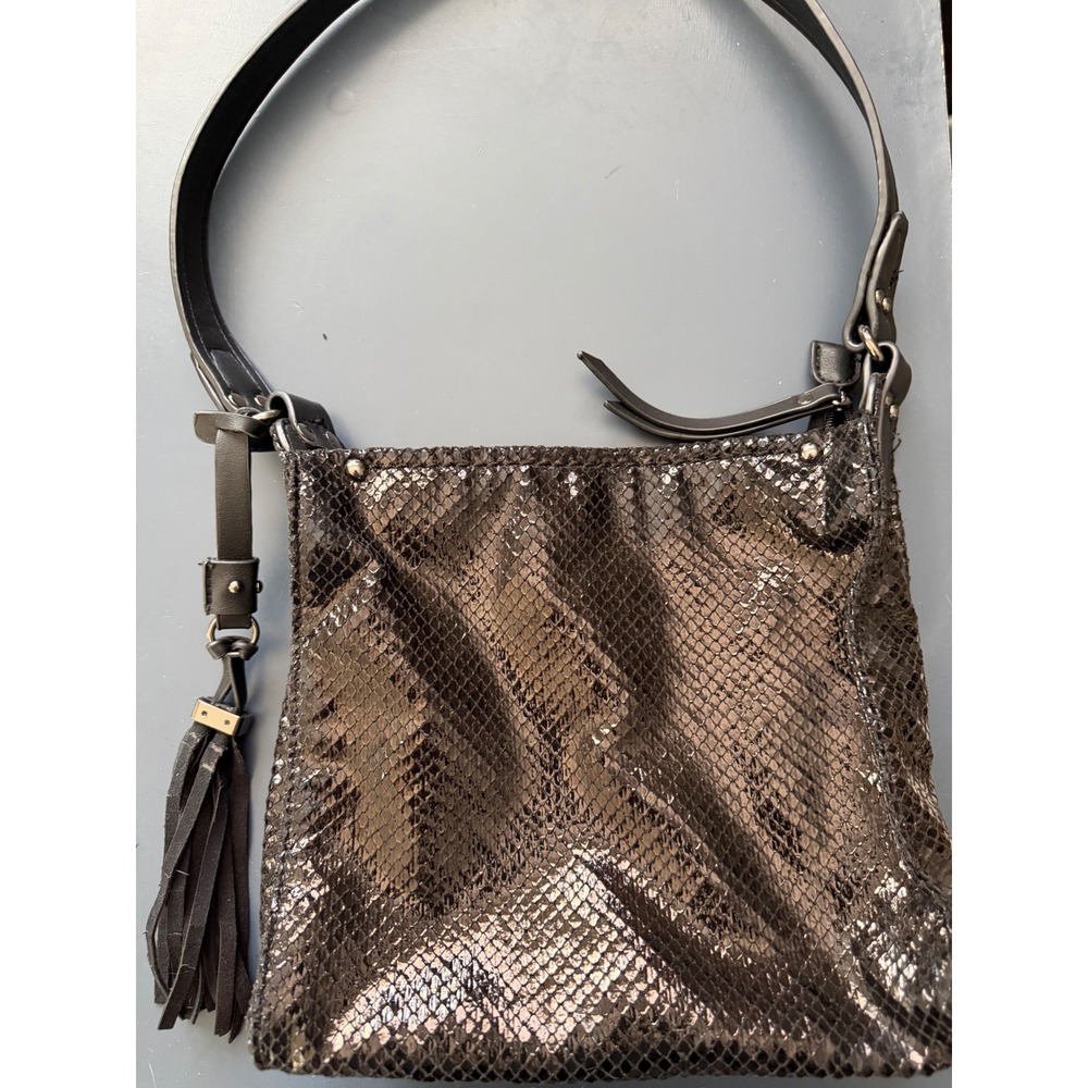 Sondra Roberts Squared Metallic Snakeskin Embossed Crossbody Bag Tassel Black